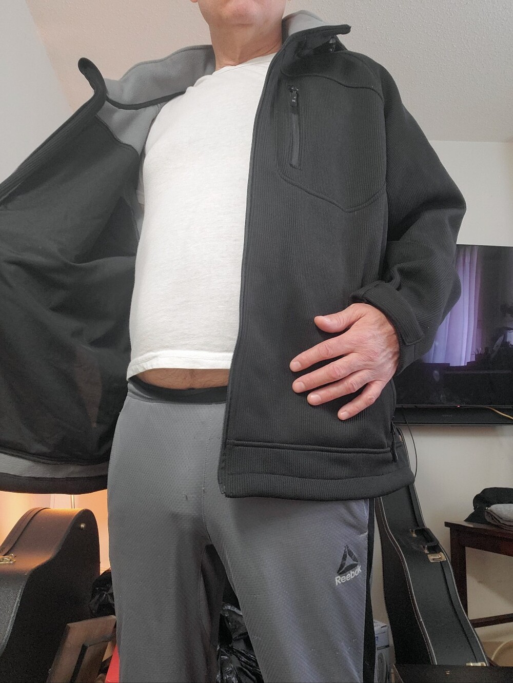 Men's Black Zip-Front Jacket - Casual Fleece-Lined Coat